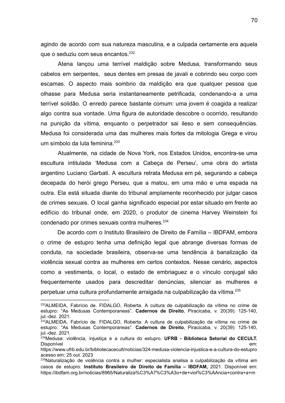 Página 70 do TCC de Larissa Ramos, com nota 234 remetendo à matéria da Biblioteca sobre Medusa.
