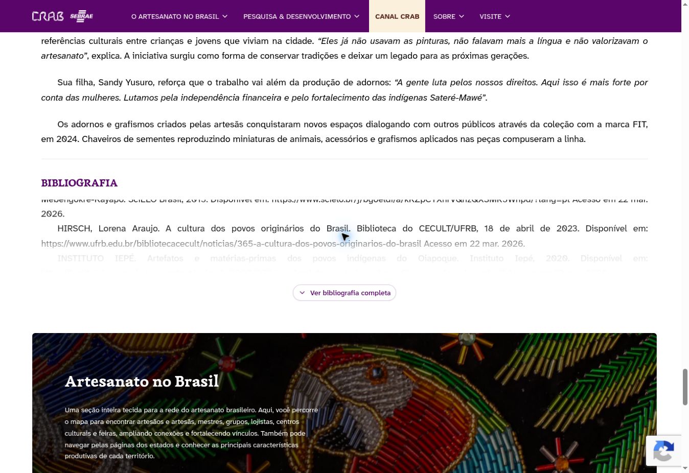 Página do CRAB/Sebrae com a referência HIRSCH, Lorena Araujo, A cultura dos povos originários do Brasil, e o endereço da Biblioteca.