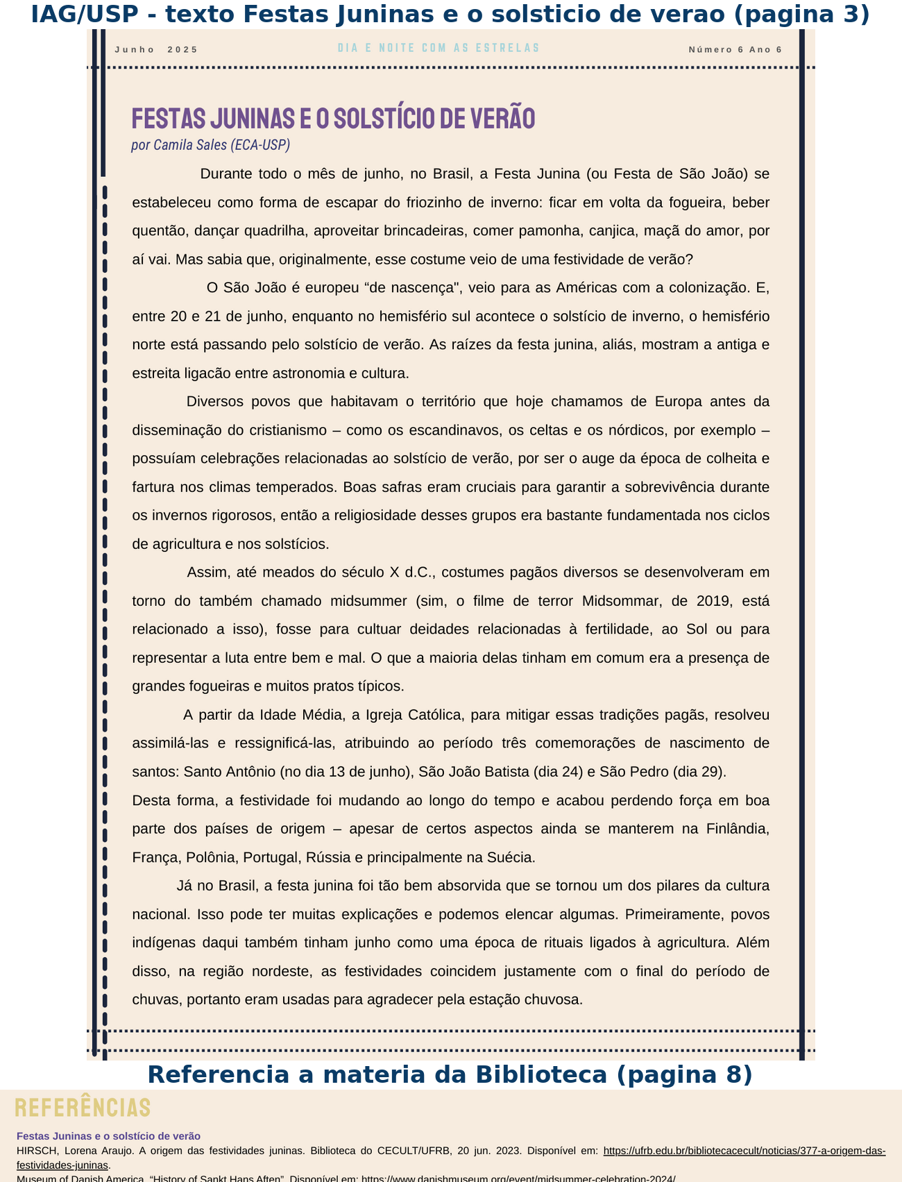 Texto Festas Juninas e o solstício de verão, de Camila Sales, na página 3 do boletim, e referência à matéria A origem das festividades juninas na página 8.