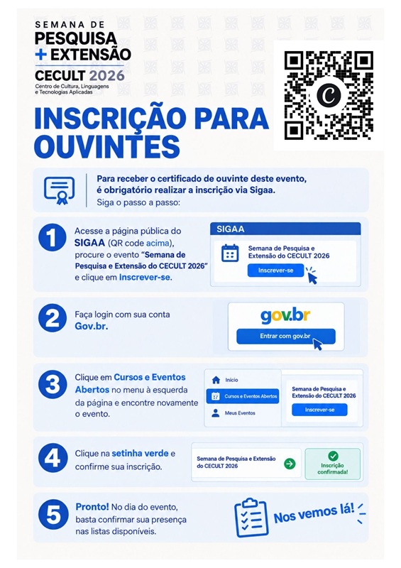 Orientações para inscrição de ouvintes na Semana de Pesquisa e Extensão do CECULT 2026