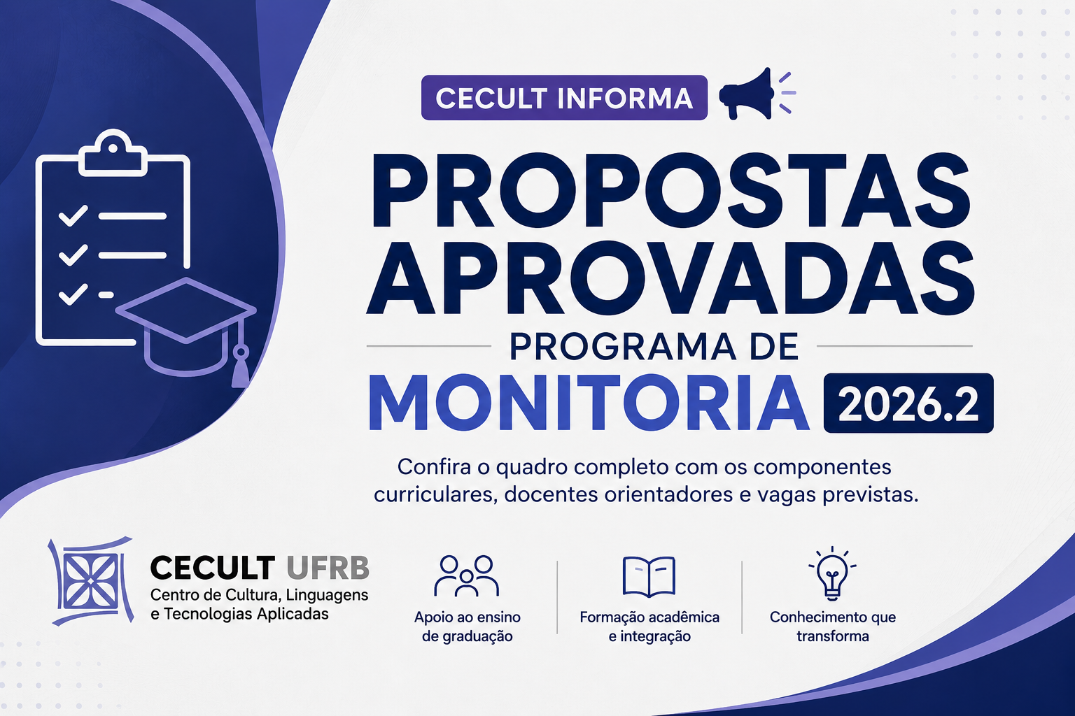 CECULT divulga propostas aprovadas para o Programa de Monitoria 2026.2