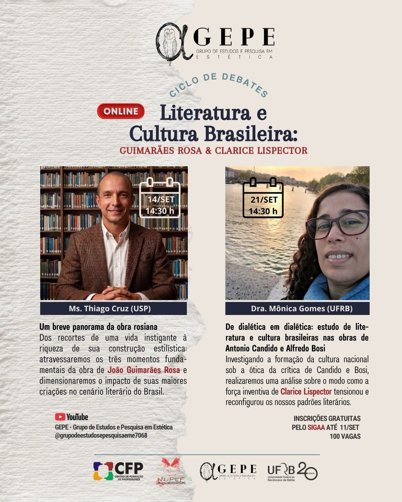 Ciclo de Debates – Literatura e Cultura Brasileira: Guimarães Rosa & Clarice Lispector