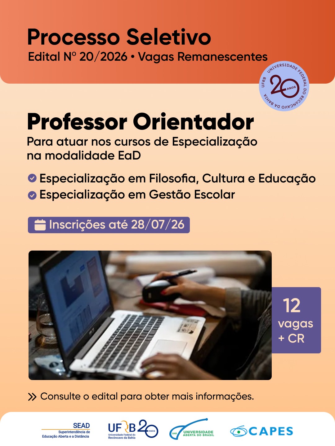 Processo seletivo professor orientador especialização até 28 07