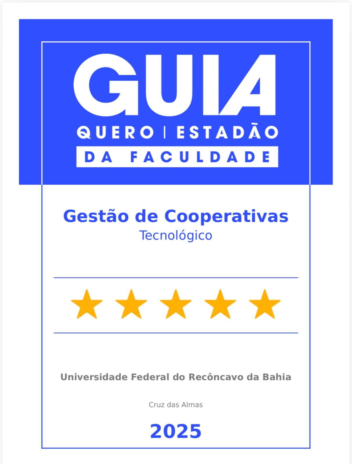 Nota máxima (5 estrelas) na avaliação do Guia da Faculdade 2025