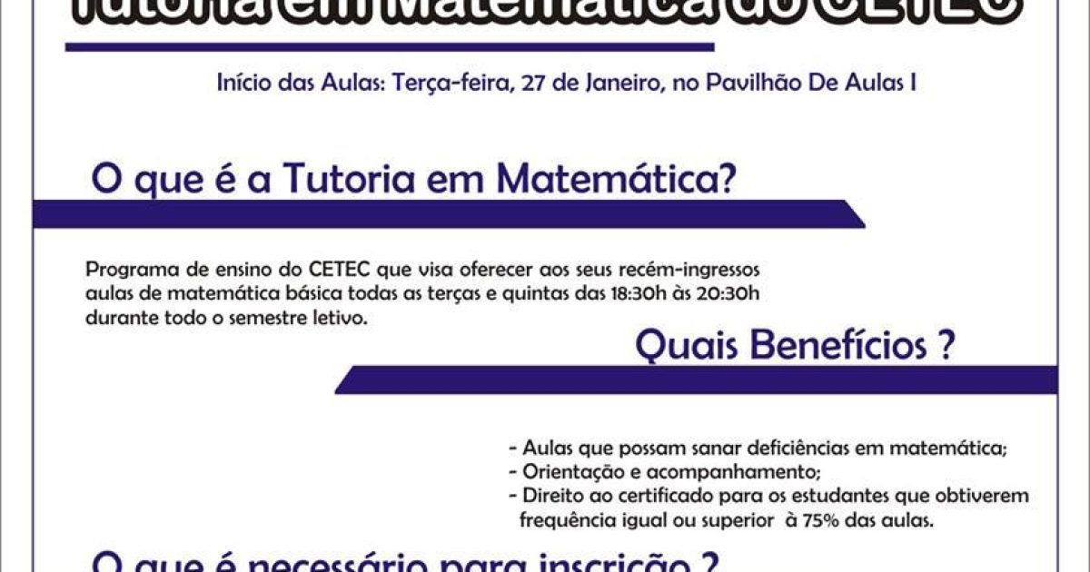 CETEC divulga Projeto de Tutoria em Matemática
