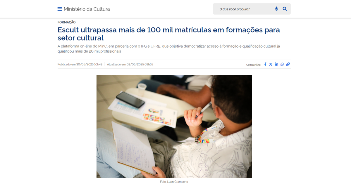 Escult ultrapassa mais de 100 mil matrículas em formações para setor cultural
