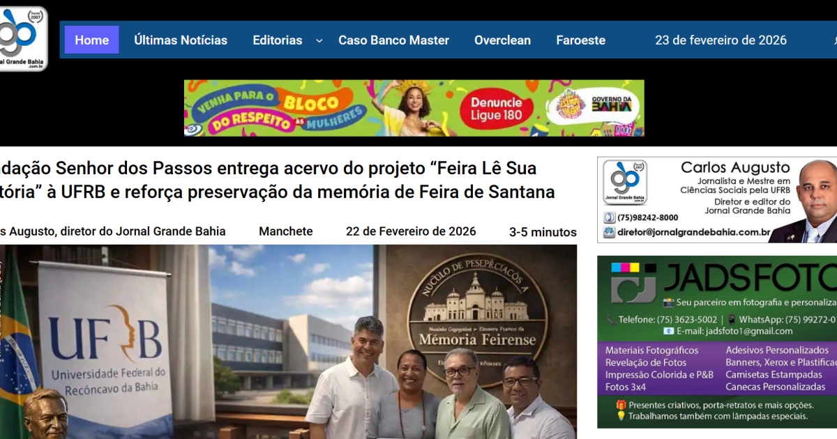 Fundação Senhor dos Passos entrega acervo do projeto “Feira Lê Sua História” à UFRB e reforça preservação da memória de Feira de Santana