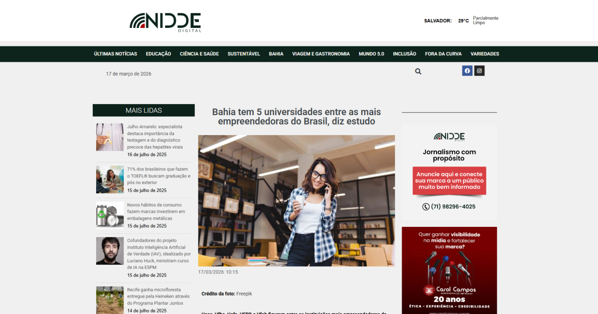 Bahia tem 5 universidades entre as mais empreendedoras do Brasil, diz estudo