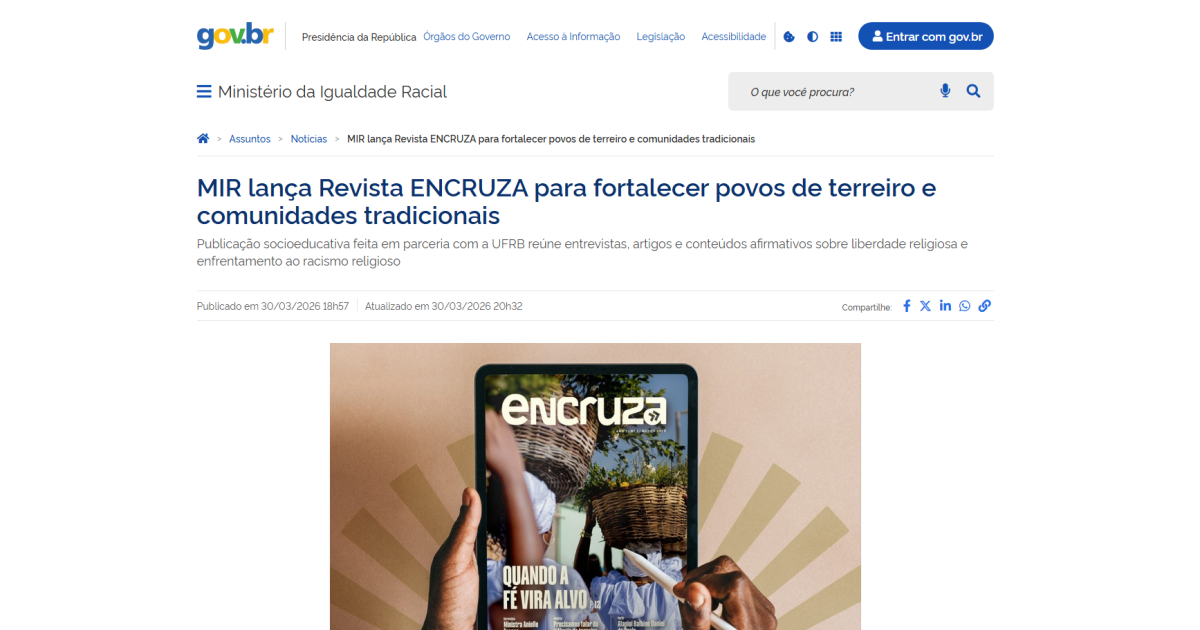 MIR lança Revista ENCRUZA para fortalecer povos de terreiro e comunidades tradicionais
