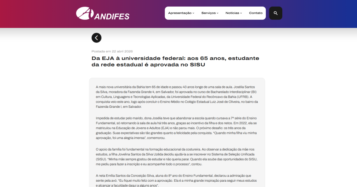 Da EJA à universidade federal: aos 65 anos, estudante da rede estadual é aprovada no SISU