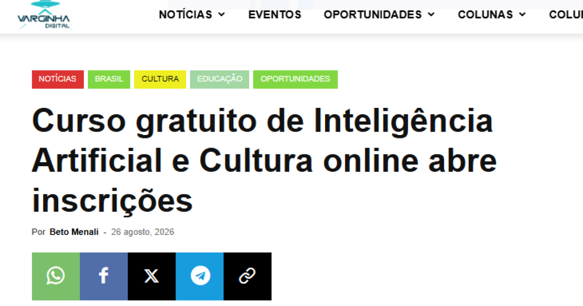 Curso gratuito de Inteligência Artificial e Cultura online abre inscrições