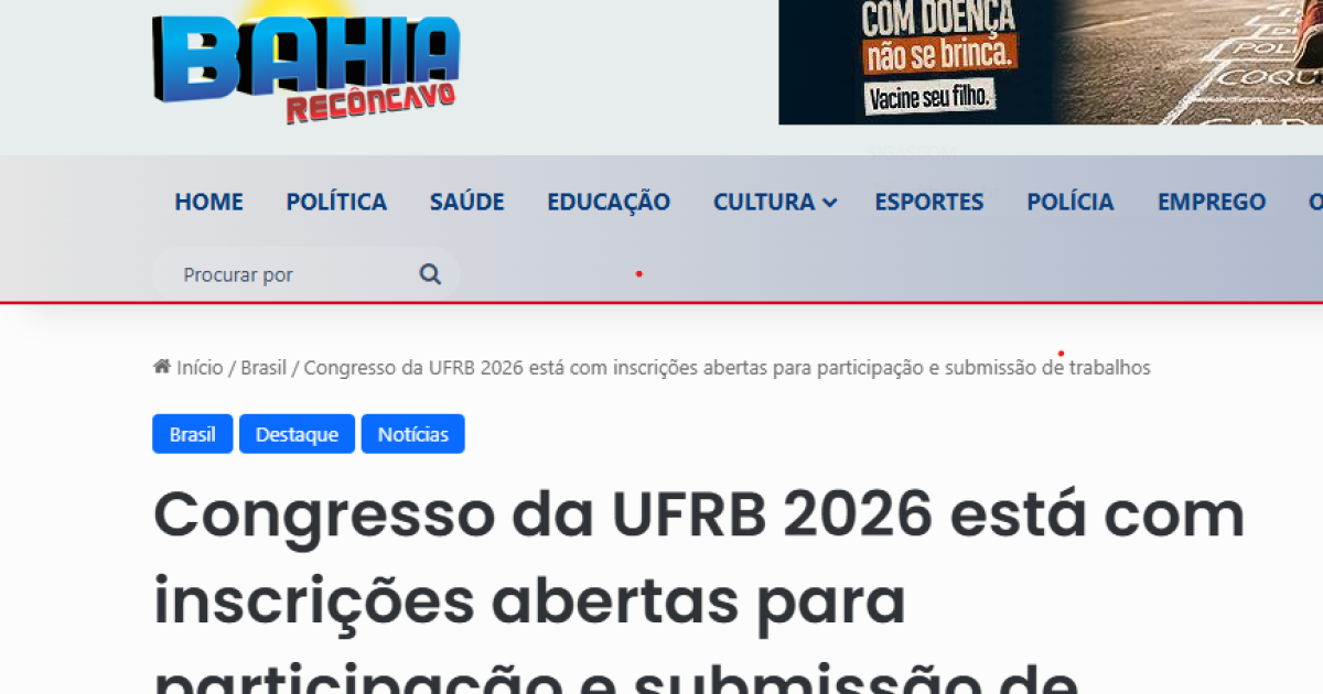 Congresso da UFRB 2026 está com inscrições abertas para participação e submissão de trabalhos